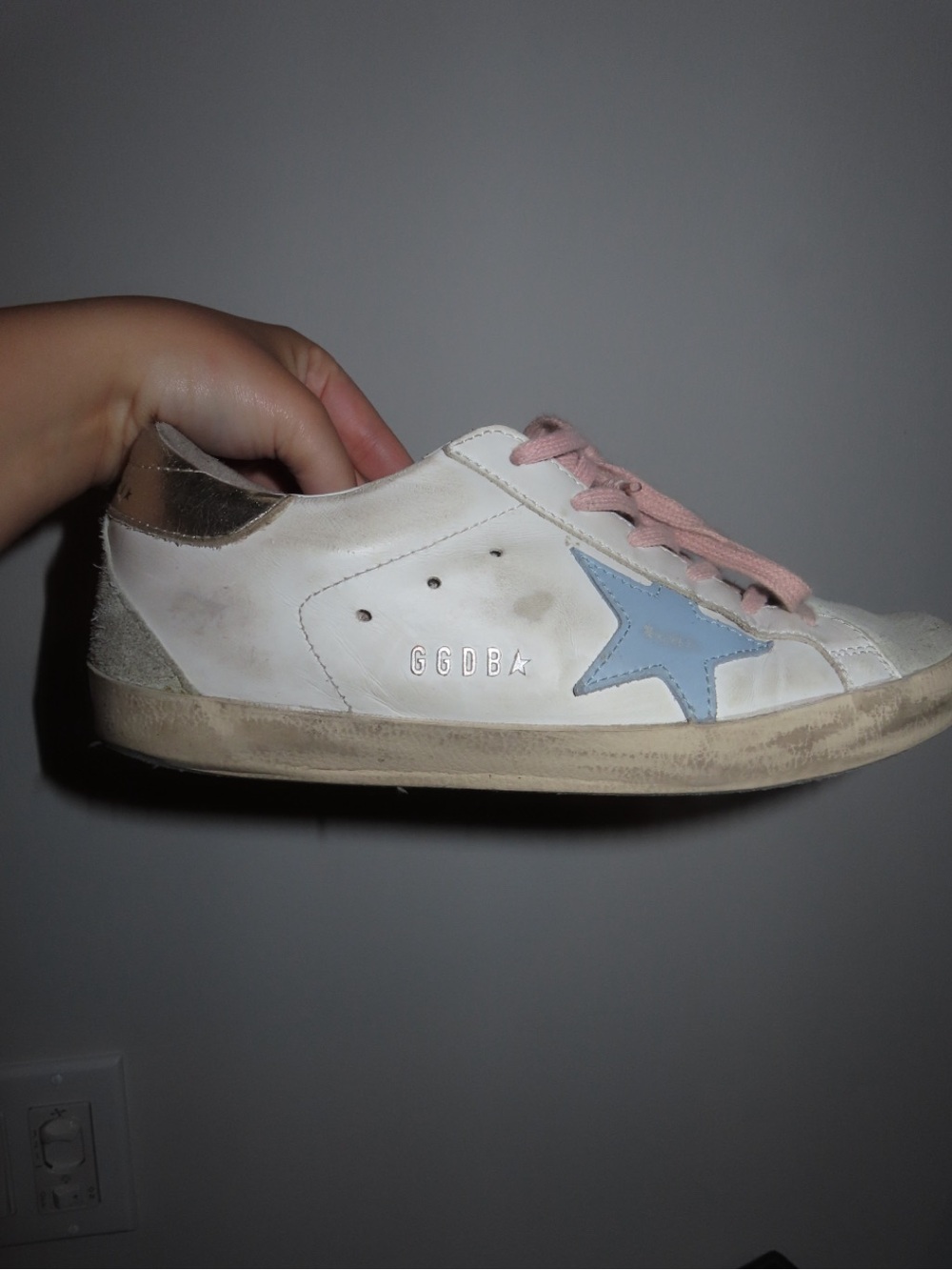 Golden Goose White Sneakers with Blue Star and Pink Laces